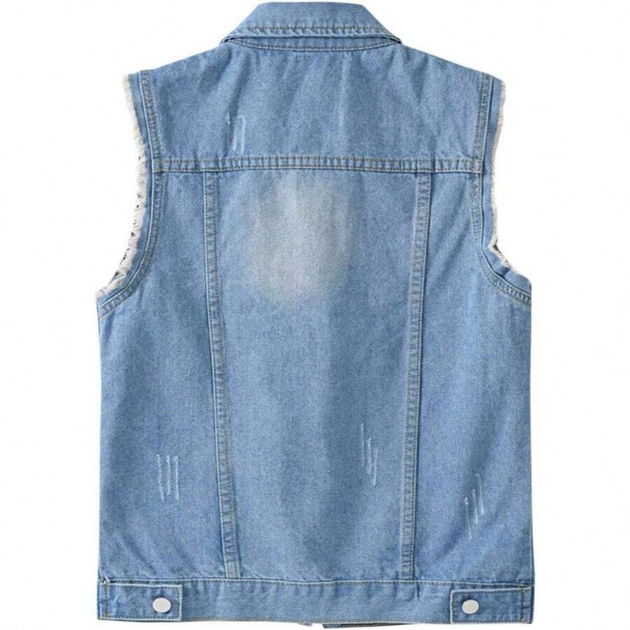 - Chalecos de mezclilla rasgados para mujer, estilo casual, sin mangas, con bolsillos con solapa, Azul, - inicial - Ver 1