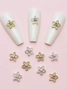 Set de 10 piese de stele metalice ajurate încrustate cu strasuri, decorațiuni pentru manichiură franceză, ornamente 3D aurii și argintii cu cinci colțuri pentru unghii false, decorațiuni drăguțe în formă de stea pentru unghii.