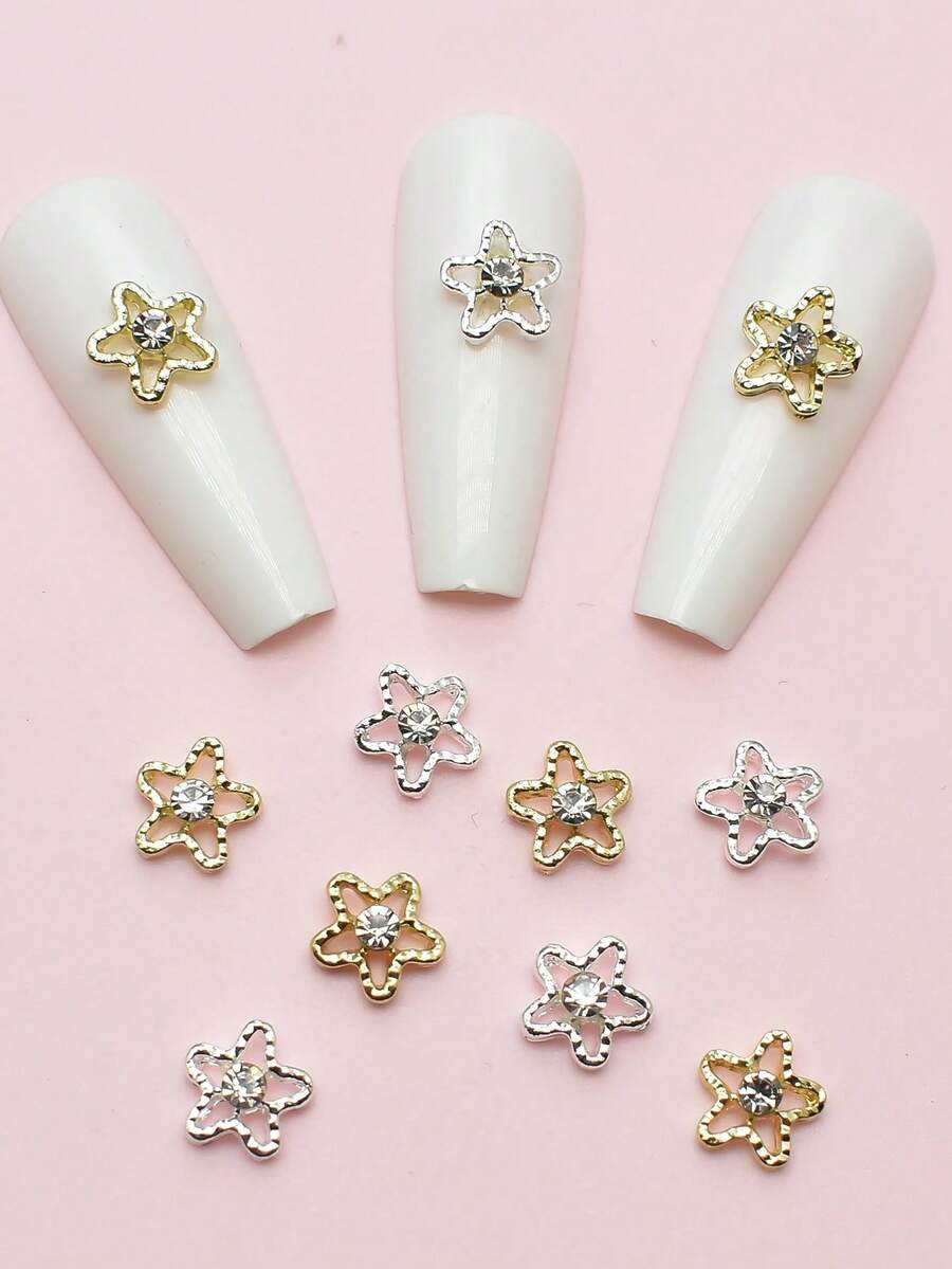 Set de 10 piese de stele metalice ajurate încrustate cu strasuri, decorațiuni pentru manichiură franceză, ornamente 3D aurii și argintii cu cinci colțuri pentru unghii false, decorațiuni drăguțe în formă de stea pentru unghii.