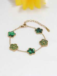 1件装时尚不锈钢镶钻五瓣花手链，优雅珍珠母贝奢华手链，女士款 - 鑲鑽五葉花貝母手鍊 - 查看 9