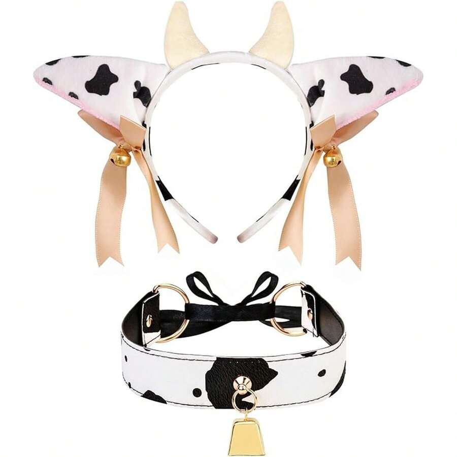 Cow Print Costume Set,Plush Headband With Horns And , Matching Choker For Cosplay Party Accessories - Như Hình 1162 - Xem 1