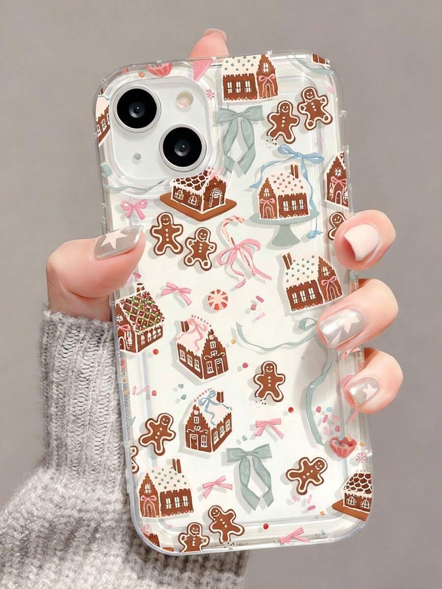 1pc Fashionable & Christmas Candy Cane, Bow, Gingerbread House Painted Pattern Transparent Air Cushion TPU Shockproof Phone Case, Suitable As Holiday Gift Compatible With Apple, Galaxy S22/23/24/25, A05/A05S/A53/A54/A55 Etc. - Multicolor - View 1