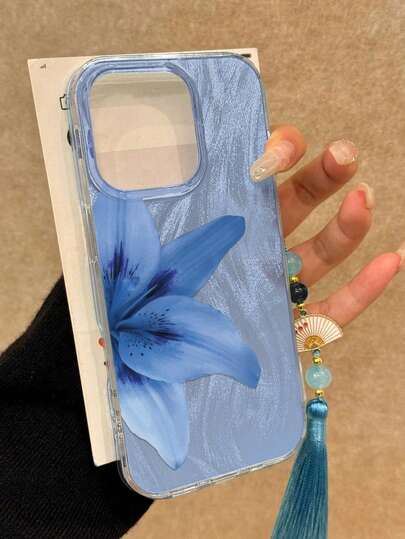蓝百合彩绘吊饰带流苏吊坠，优雅新款设计羽毛雪纺银色简约时尚手机壳，兼容 15、 15 Pro Max、Apple P13、P14、P11 软壳、P12 防摔、XS.XR/78P.78GES2、A14/A15 S23 U/A50 A12 A32 A52 A72 A51 A21S A13 A14 S22 Ultra S23 A33 A53 S20 FE 手机保护壳防水防震防刮