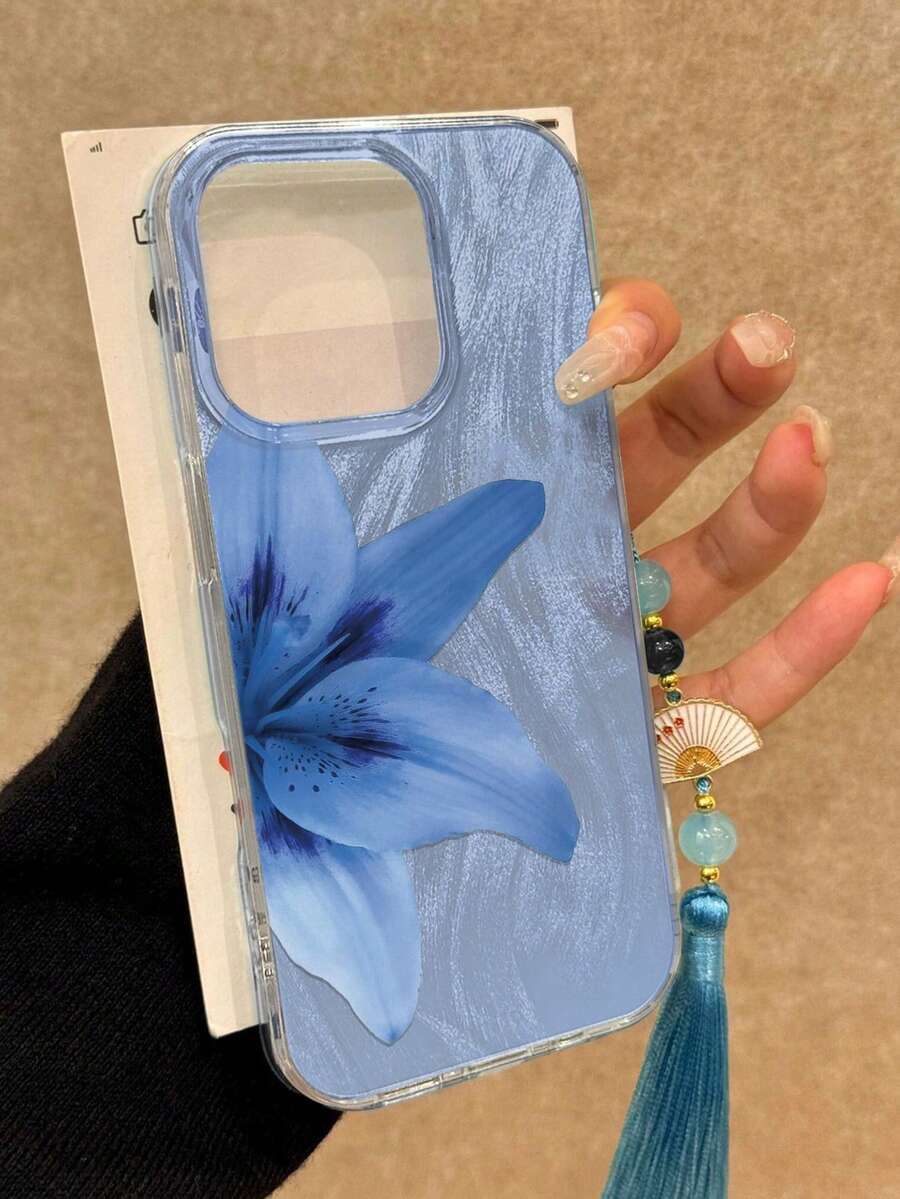 蓝百合彩绘吊饰带流苏吊坠，优雅新款设计羽毛雪纺银色简约时尚手机壳，兼容 15、 15 Pro Max、Apple P13、P14、P11 软壳、P12 防摔、XS.XR/78P.78GES2、A14/A15 S23 U/A50 A12 A32 A52 A72 A51 A21S A13 A14 S22 Ultra S23 A33 A53 S20 FE 手机保护壳防水防震防刮 - 彩色 - 查看 1
