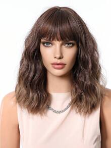 14 Inch Short Wave Curly Wig With Bangs Ombre Brown Wig Heat Resistant Synthetic Wigs Hair Suitable Women Daily Party Use - Brown Ombre - View 4