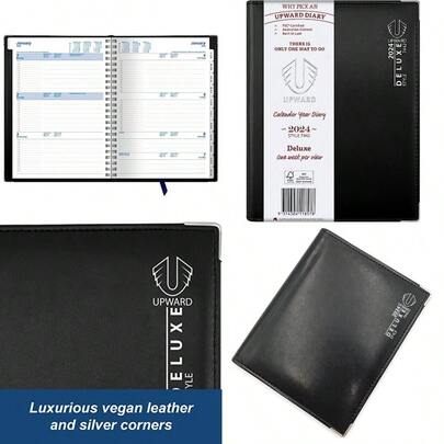 New Upward Diaries 7442 Deluxe Weekly 2024 Diary A5 Size - Vegan Leather - Black