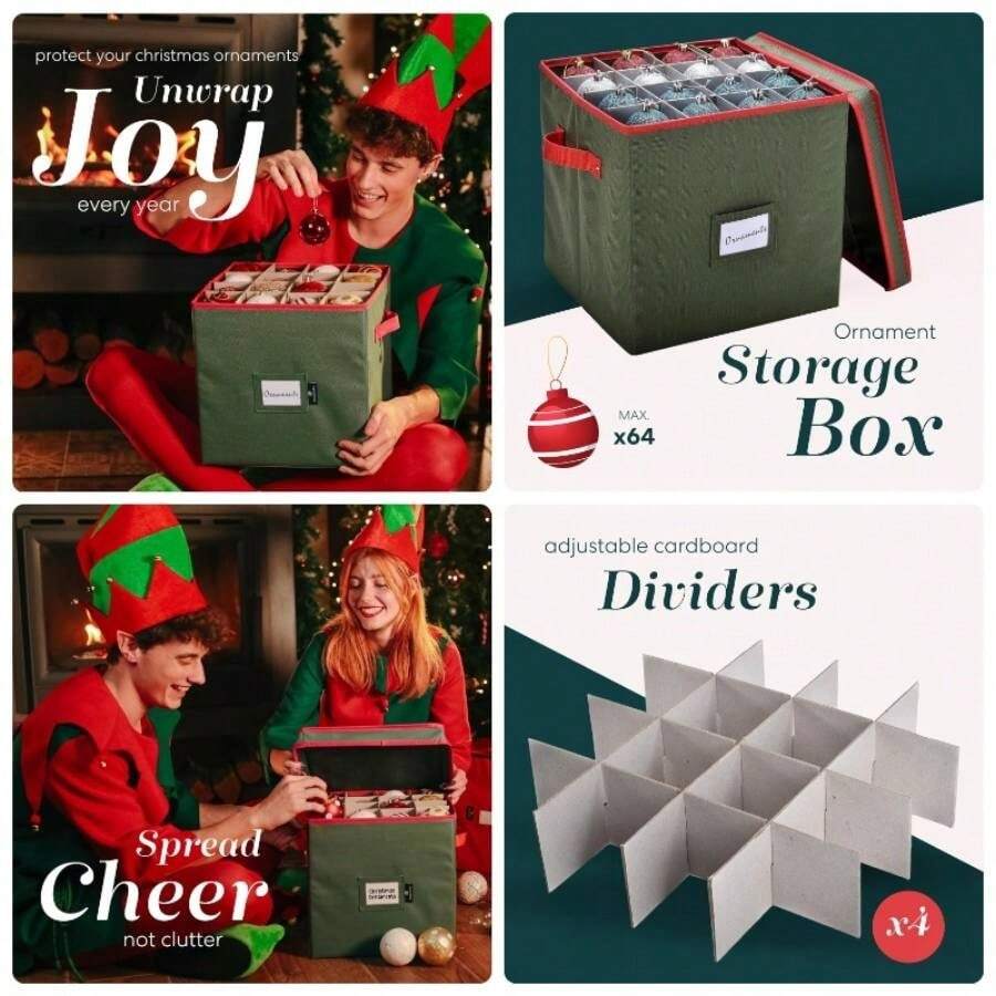 Almacenamiento de adornos de Navidad - almacena hasta 64 adornos navideos, divisores ajustables, cubierta y dos asas La atractiva caja de almacenamiento mantiene las decoraciones limpias y secas para la prxima temporada. - Verde-64 + 12" x 12" 12" - Ver 1