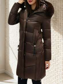 1 Elegant And Form-Fitting Shiny Nylon Down Jacket With A Hood And Faux Fur Trim – Perfect For Everyday Commutes And Social Occasions In Winter - Coffee Brown - View 2