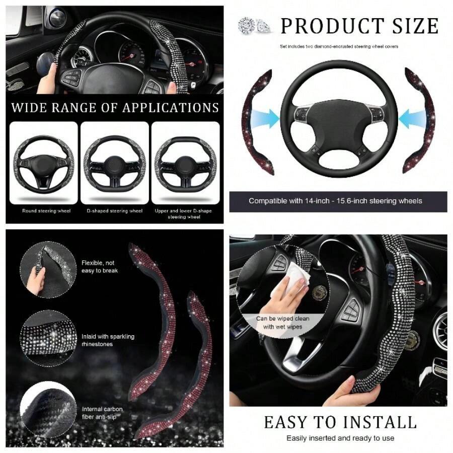 2 PCS Steering Wheel Cover, 15 Inches Bling Cover Auto Steering Wheels, Safety Non - Slip Universal Fit Sparkly Steering Wheel Cover, Car Accessories Black - Đỏ - Xem 1