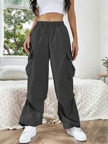 1pc Girls/Teens Loose Flap Pocket Side Drawstring Outdoor Cargo Pants, Spring/Summer/Autumn - Grey - View 2