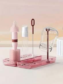 5 Stücke Baby tragbares Silikon Flaschenpflege Set, multifunktionales Reise-Outdoor-Set, Baby Sauger Bürste Trockengestell Set, rosa tragbares Outdoor Flaschenpflege Set - Verschiedenfarbig - Übersicht 6