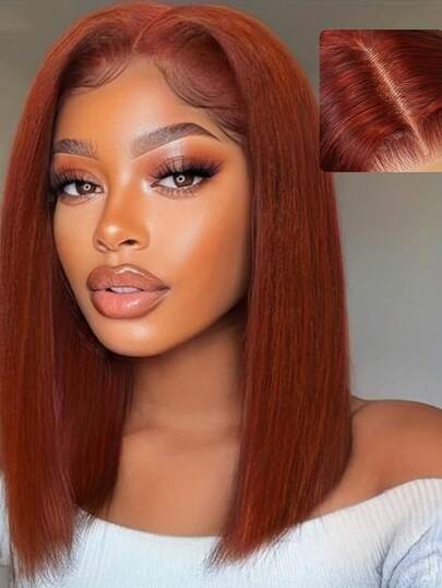 Bye-Bye Knots 6x4蕾丝前假发，红棕色直发波波头 - 自然发质假发，预漂白隐形发结，180%密度，可调节弹性帽，适合所有浅米色调和场合，多功能假发，打造自然发型