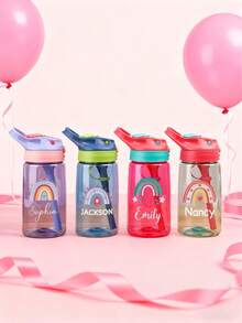Botella de agua con pajita personalizada para niños con diseño de arcoíris, con nombre personalizable y patrón de arcoíris, adecuada para la escuela y el jardín de infantes, regalo para niños y niñas, regalo de graduación, regalo de invierno - Multicolor - Ver 7