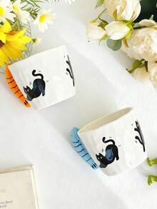 1 Stück kreative handbemalte schwarze Katze & Fisch Keramiktasse, Haushaltskaffeetasse - Verschiedenfarbig - Übersicht 4