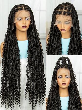 A ANYTIME Synthetic Full Lace Bohemian Braid Wig Box Braids Goddess Wig With Curly Hair Ombre Blonde Gradation Cornrow Braided Wig