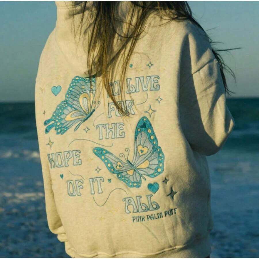 2025Hawaii Hibiscus Letter Print Embroidered Loose Sweatshirt Women's Drop Shoulder Sleeve Ribbed Hoodie Printlong Sleeve Tops,Tops,Hoodies - 淺灰色 - 蝴蝶 - 查看 1