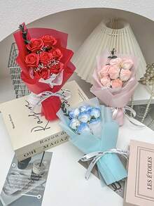 节日礼物：7支玫瑰花束、仿真花、派对礼品、装饰礼品、情人节/教师节礼物、手捧花束、创意礼品、仿真玫瑰、送给家人的最佳礼物、表达感激之情、理想的礼物或装饰礼品 - 彩色 - 查看 3