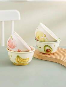 Ceramic Rice Bowl - Cute Fruit & Lucky Pattern Cartoon Design, Microwave Dinner Bowl For Daily Use, High-Quality Tableware - Multicolor - View 2
