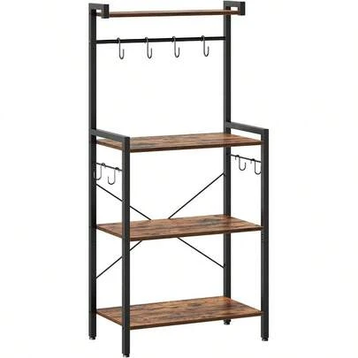 HOOBRO Kitchen Bakers Rack With Storage 4 Tiers Coffee Bar Station Kitchen Microwave Stand With 8 S-Shaped Hooks Kitchen Storage Shelf Rack For Small Spaces Black BB04HB01