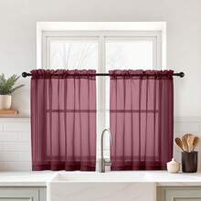 Burgundy Small Sheer Curtains 2 Panels Set, Kitchen Curtains 36 Inch Length, Elegant Light Filtering Short Window Drapes For Living Room Bedroom, Dual Rod Pocket Design, 2x42Wx36L Inches,42inchWx36inchL(Packof2),Burgundy - 酒紅色 - 查看 1