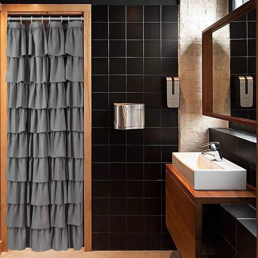 Gray Shower Curtain,36-Inches Wide Stall,Grey Ruffled Bath Curtains For Bathroom,Fabric Farmhouse Decor,Soft Touch Decorative Cloth Texture,(72 Inch Long,1 Panel),36inchWx72inchL(Packof1),Grey - 灰色 - 查看 1