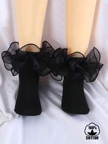 1 Pair Kids/Children Solid Color Fashion Versatile Dance Princess Lace Trim Ankle Socks - Black - View 6