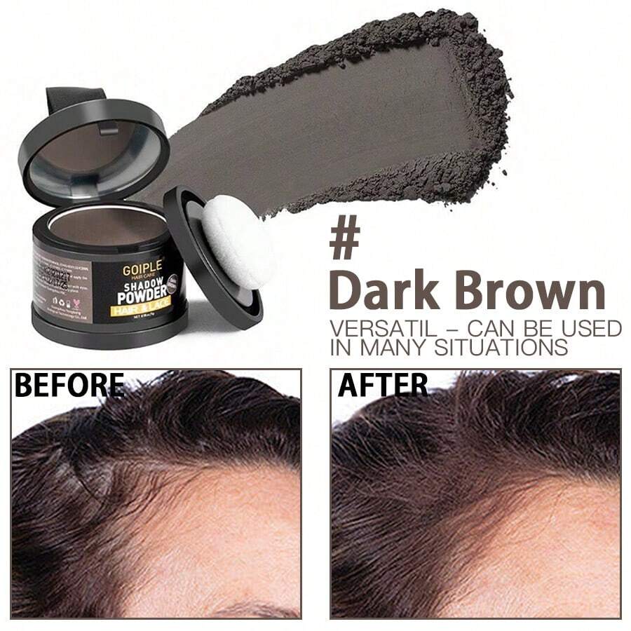 Goiple 5g/0.18oz Polvo para el contorno del cabello color marrón oscuro, resistente al agua y al sudor, adecuado para pelucas de encaje, cobertura de raíces, relleno de línea del cabello escasa, incluye borla de esponja suave, polvo de fibra para cabello y barba escasos, incluye espejo a juego para fácil selección de color