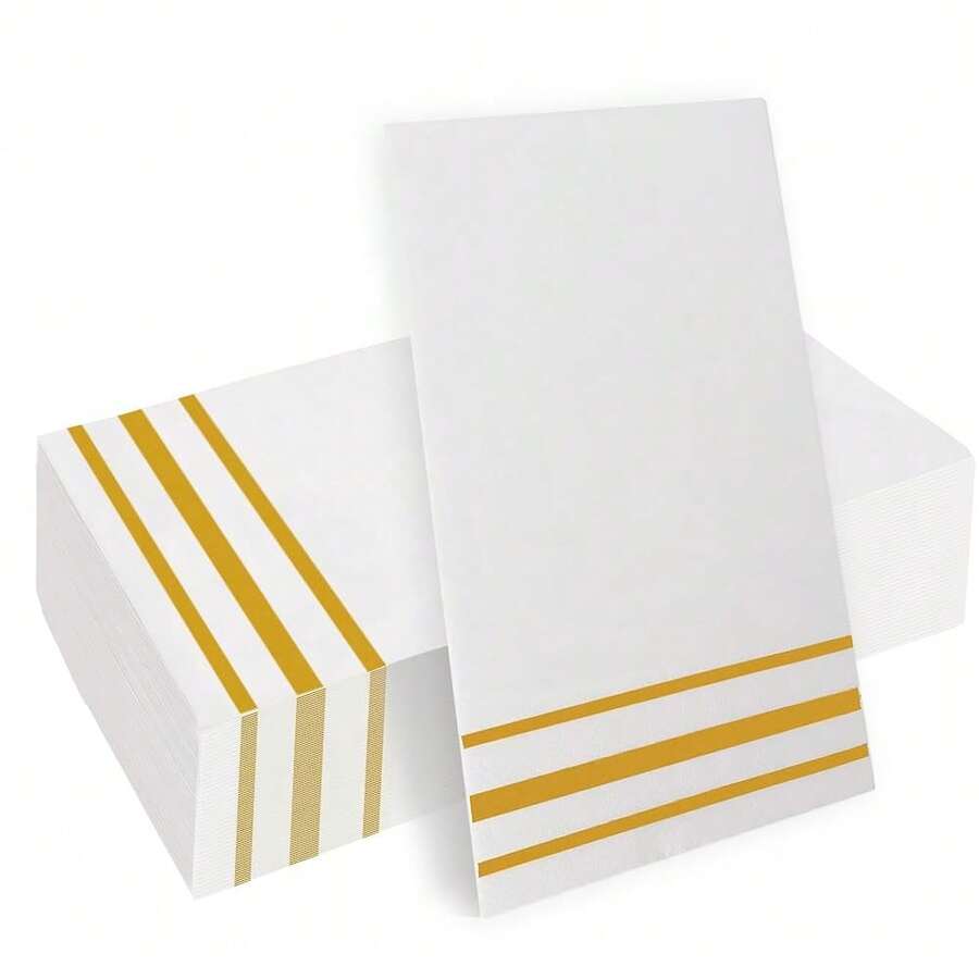 Napkins Disposable Paper Napkins 50 Pack Paper Hand Towels Absorbent Dinner Napkins White And Gold Napkin Guest Towels Tissue Party Napkin For Bathroom Dinner Wedding Kitchen Party Event Decorative,50PCS,Goldline - 金線 - 查看 1