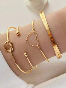 4pcs/Set Fashionable Zinc Alloy Heart & Knot Decor Bangle Women Daily Decoration - Yellow Gold - View 1