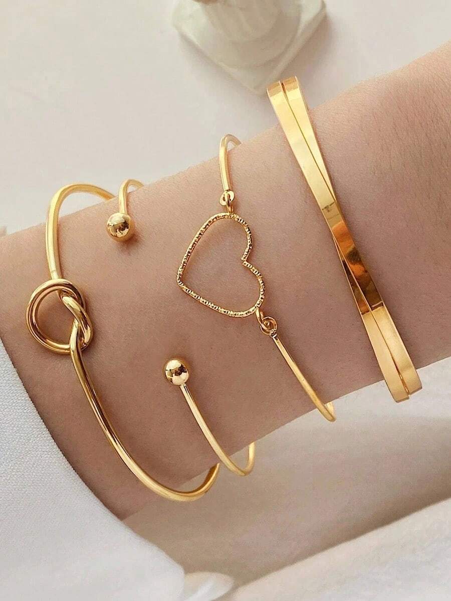 4pcs/Set Fashionable Zinc Alloy Heart & Knot Decor Bangle Women Daily Decoration - Yellow Gold - View 1
