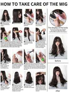 24 Inch 240g Heat Resistant Synthetic Wig, Medium Length Wavy With Bangs, Elegant Wig Suitable For Women's Daily Wear, Black-Brown