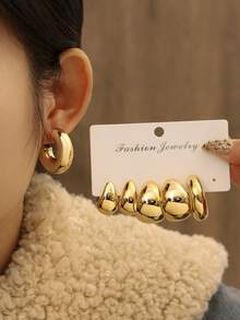 12pcs Geometric Hoop Earrings Set For Women, Fashionable Everyday Versatile Earrings, Retro Style, Party Personalized Creative Jewelry Gift - Gold - View 7