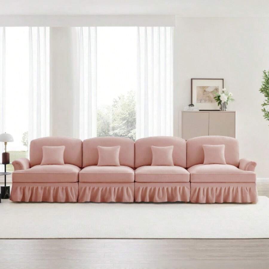 Elegante sofá grande de 4 lugares em estilo de meados do século com chenille com Trichter-Armlehnen, abnehmbarer Rüschenschürze & spindelförmigen Beinen – Confortável Wohnzimmer-Sofa,weiß - Rosa - Ver 1