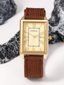 1pc Nylon Strap Rectangular Quartz Watch For Men, Fashionable Roman Numeral Dial Casual Everyday Wear Timepiece - Brown - View 4