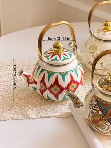Middle Eastern Traditional Style + Geometric Floral Pattern / Colorful Enamel Finish + Spherical Body + Gold-Plated Handle And Knob + Heat Insulation & Leak-Proof + Arabic Dallah Coffee Pot + Scratch-Resistant, Durable, Easy To Clean, Complementing High-End Tea And Coffee Occasions - Multicolor - View 12