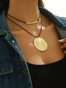 1pc Elegant Double-Layer Black Wax Cord Metal Tube Geometric Textured Large Round Pendant Necklace, Suitable For Women, Perfect Accessory For Parties And Events - Yellow Gold - View 1