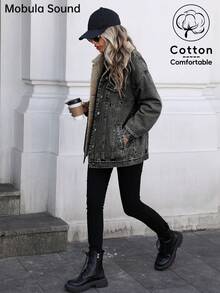 Mobula Sound# 休闲运动时尚中东女式蓝色 Y2K 学生学院夹克，带保暖内衬，适合春秋冬季 - 灰色 - 查看 4