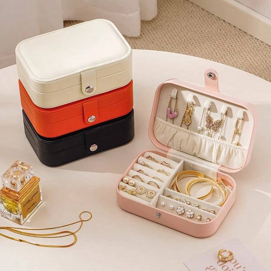 1 pieza Caja de joyería de gran capacidad de 2 capas, caja de almacenamiento de joyas de múltiples compartimentos, caja para anillos, aretes, collares, empaque, caja de joyería, caja de joyería portátil para viajes, regalo para el Día de San Valentín/Navidad, caja de almacenamiento para el baño - Multicolor - Ver 1