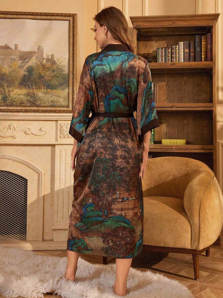 复古宽松新款中国风波西米亚优雅印花长款和服罩衫，休闲系腰长袍，轻薄夏季沙滩泳衣罩衫，薄款外套 - 黑色 - 查看 1