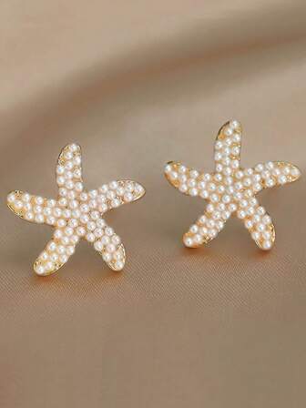 1 par de pendientes de perla y estrella de mar elegantes, pendientes de moda minimalistas y de alta gama para mujeres