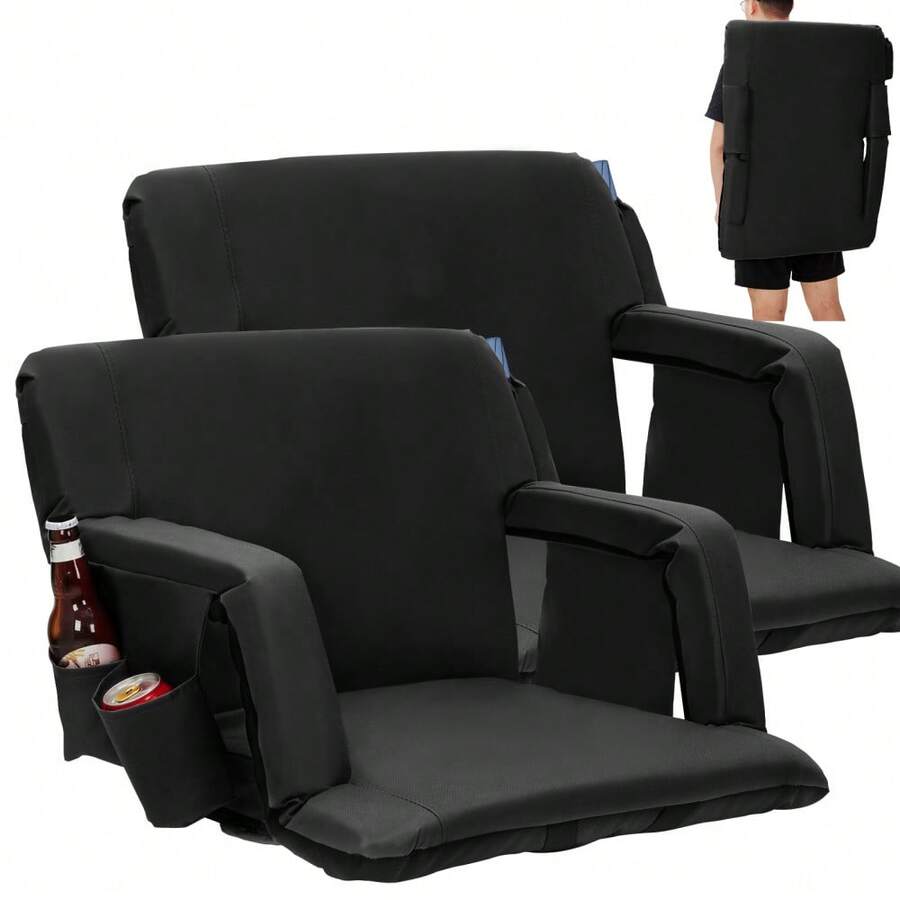 ShiningLove Wide Bleacher Seats With Back Support – 2-Pack Reclining Stadium Chairs, Padded Cushion, Anti-Slip Base, 6 Adjustable Angles, Armrests & Storage Pockets For Sports Events - Svart 24,4" bredd - Visa 1