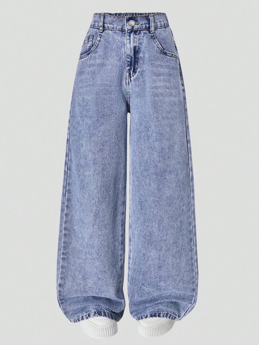 Tween Girl Y2K Vintage Washed High Waist Distressed Loose Skinny Jeans, Autumn/Winter Streetwear Back To School - Blue - View 1