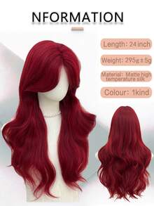 24 Inch 240g Synthetic Heat Resistant Wavy Red Medium Length Wig With Bangs, Elegant Wig Suitable For Women's Daily Wear - Red - View 6