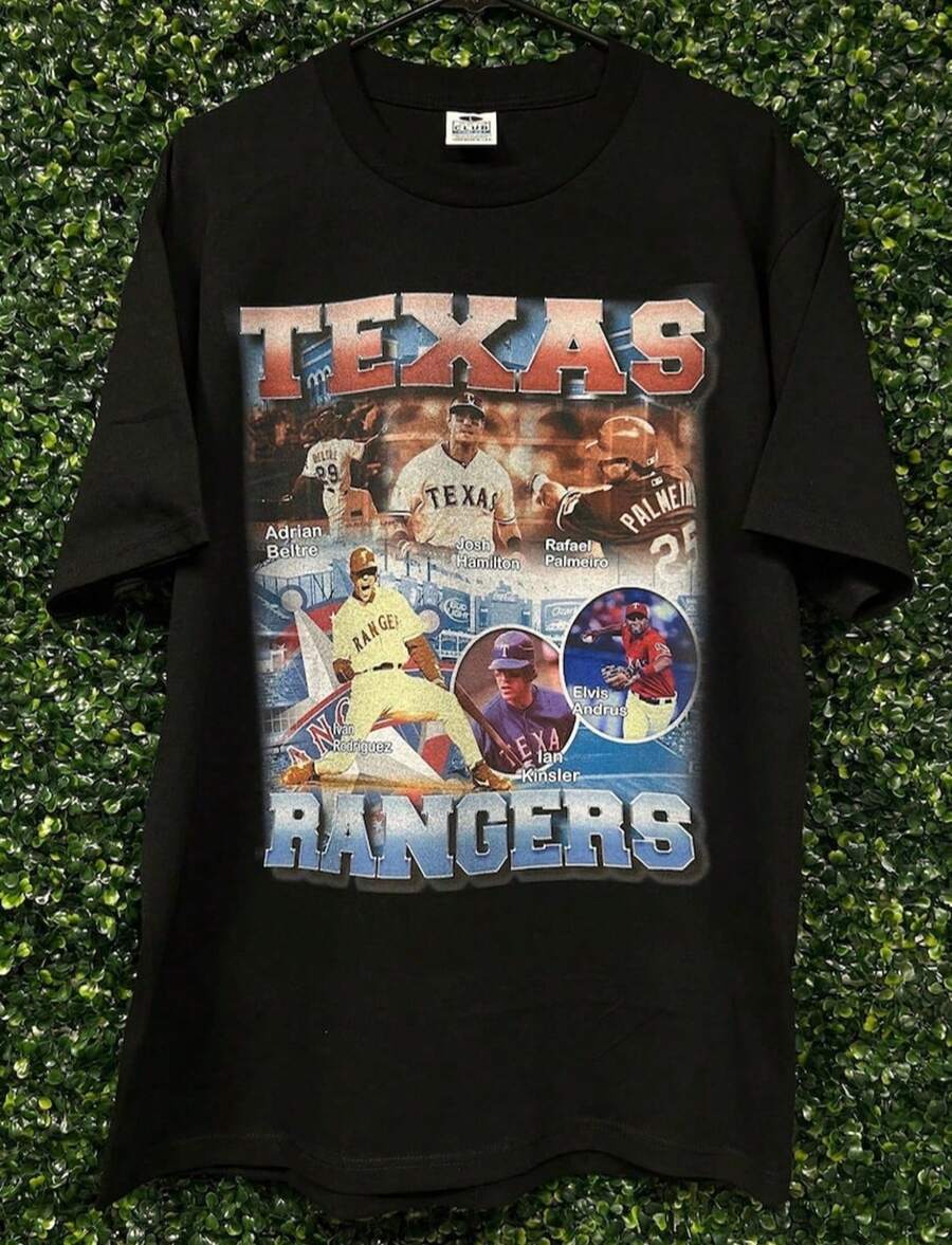 Texas Rangers Player Collage T-Shirt - Soft Cotton, Casual Wear For MLB Baseball Fans" - 黑色 - 查看 1