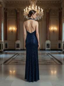 Vestido de noche elegante de cola de sirena sin mangas con escote en V profundo y espalda descubierta totalmente lentejuelado en azul marino - Azul Marino - Ver 3