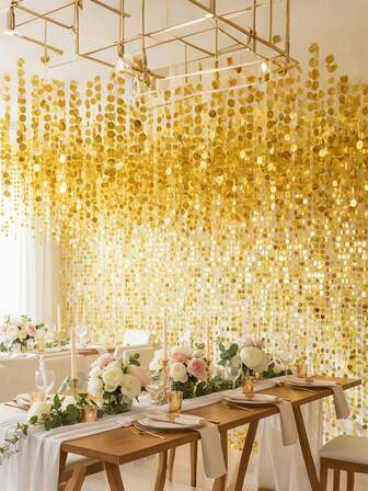 39.37 Inches/100cm Gold PVC Sequin Hanging Decor, Shiny Glitter, Dreamlike Wedding, Wedding Arch Backdrop Decor, Room Divider Curtain, Suitable For Home Parties, Celebrations, Weddings