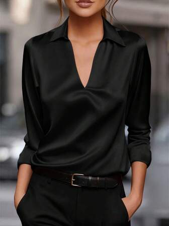 1pc V-Neck Women Blouse, Professional Office Satin Shirt For Work, Wedding Guest Elegant High-End Formal Dress, Perfect For Banquet & Evening Events