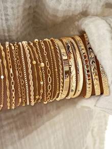 20pcs Fashionable, Minimalist, Elegant, Delicate, Retro Design Sense, Cute Geometric, Heart, Lock Chain, Round Bead, Sunface, Embossed Texture, Braided Face, Box Chain, Metal Style Bracelet Set, Suitable For Holiday, Party, Date, Gift, Daily Wear - Yellow Gold - View 1