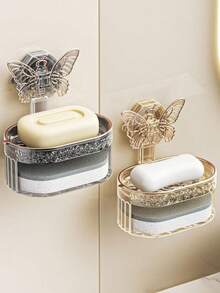 1pc Elegant Palace Style Transparent Soap Dish Set, Double Layer Storage, ABS Material Unbreakable, Suction Cup Wall-Mounted Soap Holder, Large Capacity, Butterfly Shaped - Multicolor - View 1