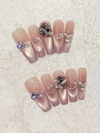 温柔月光！10片手工美甲，长尖头/棺材形美甲，闪耀法式微笑猫眼美甲，搭配不规则手绘线条、心形水钻点缀和K9方形水钻，高端提亮肤色，适合日常佩戴和约会装扮，亮白可爱，可重复使用的手工按压式美甲套装，含果冻胶，包含一个迷你指甲锉。